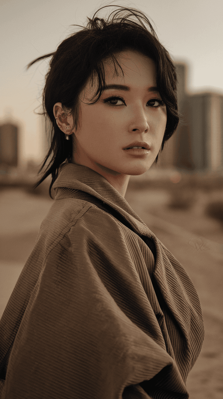 AI generated: background is Modern desert city, less 30 year old model, wear prada style cloth, black modern hair,...