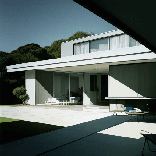 AI generated: Hyper realistic eye level exterior photo of a mid century modern style house overlooking the ocean, ...