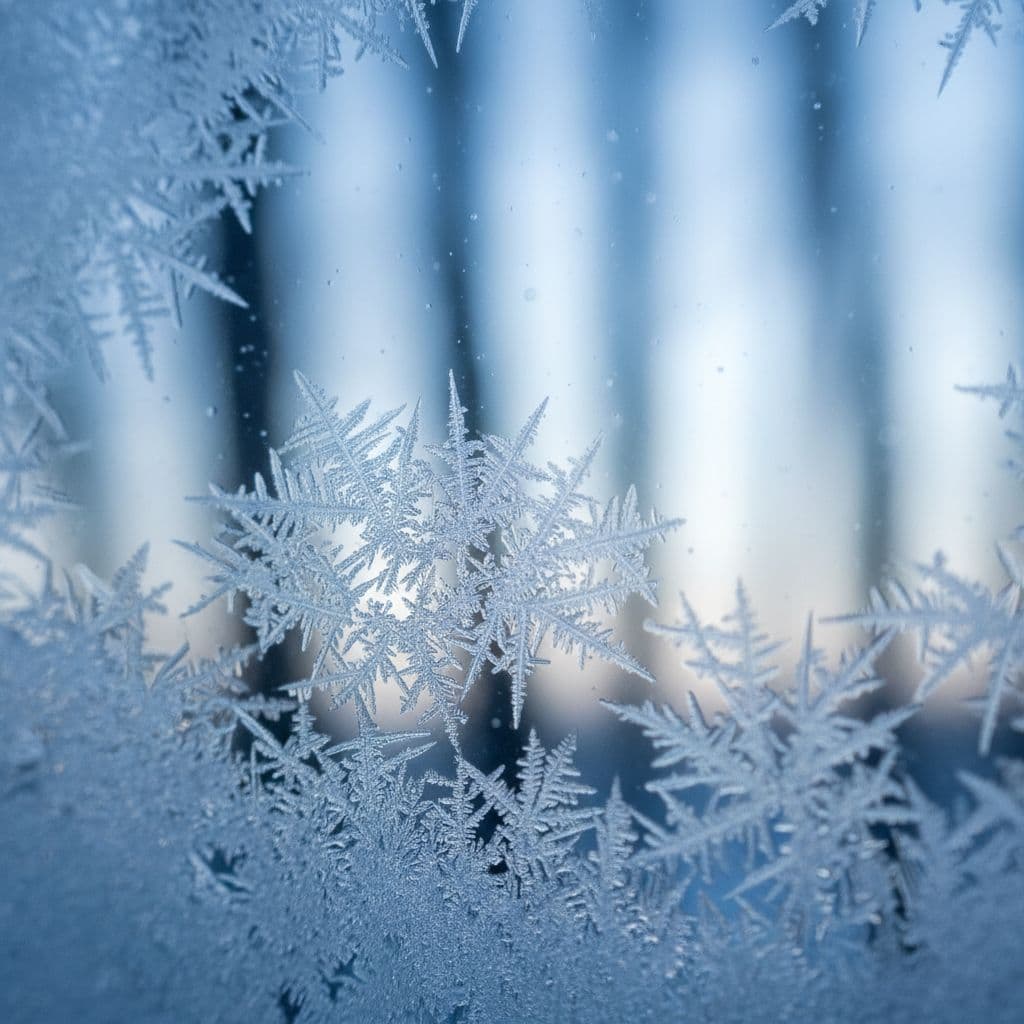 AI generated: "Snowflake patterns on frosted glass, macro close-up, cinematic texture background"