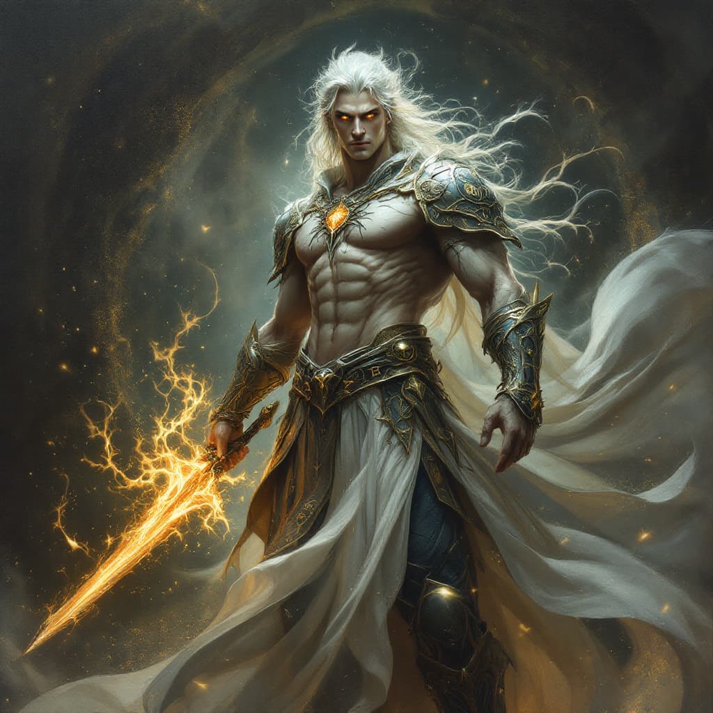 AI generated: Create a breathtaking oil painting of a fantasy male character, blending the realms of magic, streng...