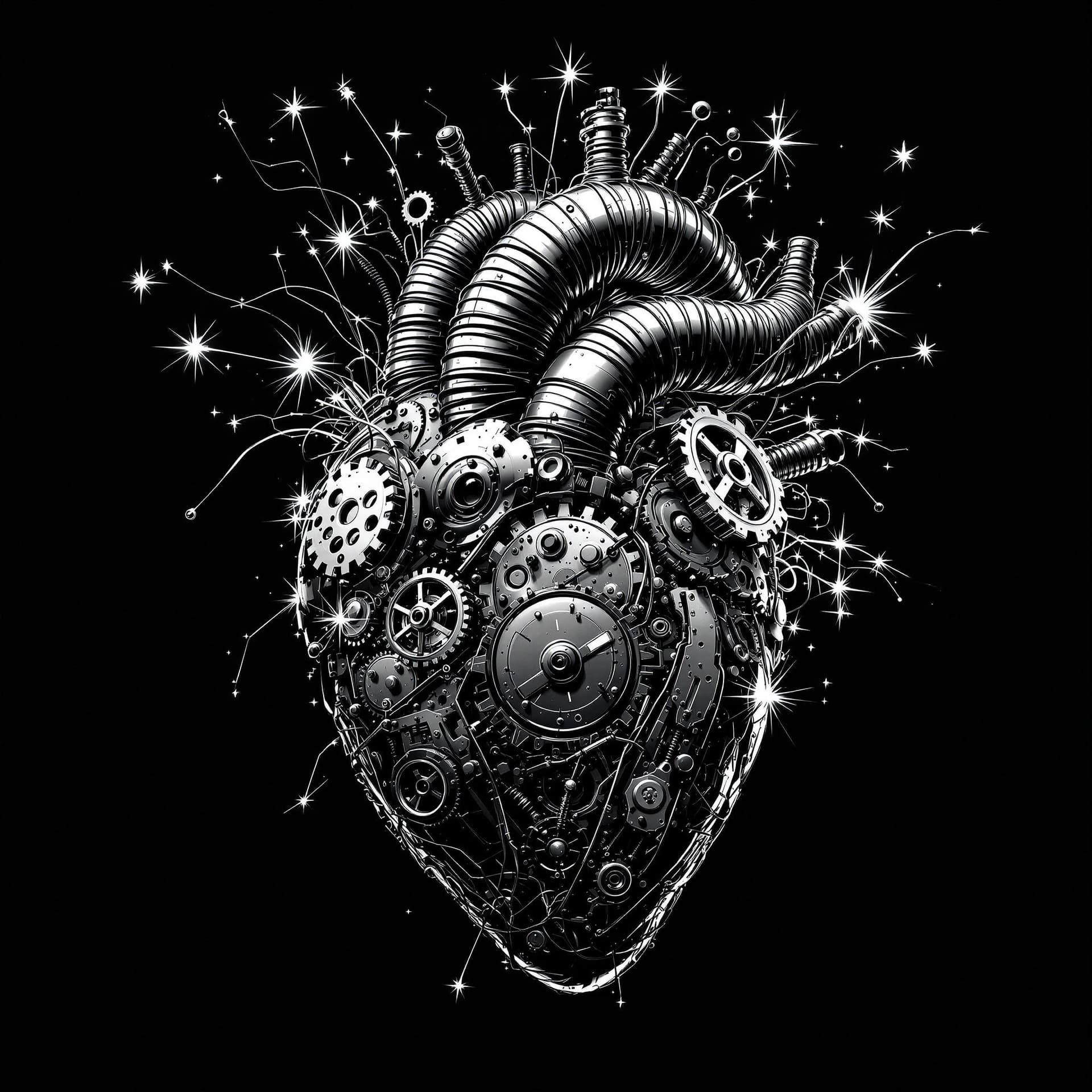 AI generated: Mechanical heart with steampunk details, half exposed with sparking wires flying out, high contrast,...