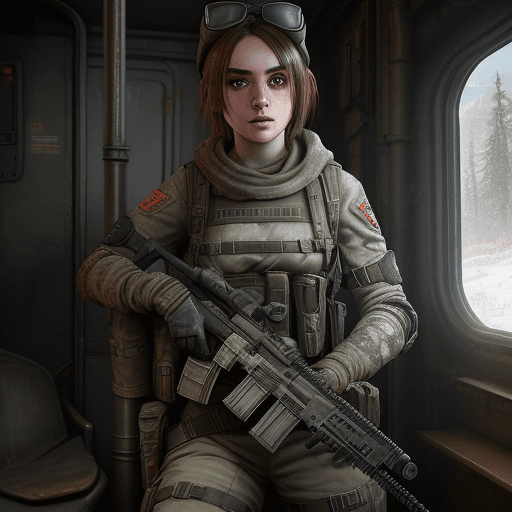 AI generated: Anna Miller from Metro Exodus, equipped with Enclave Ranger Armor, a Laser Rifle, and is looking sed...