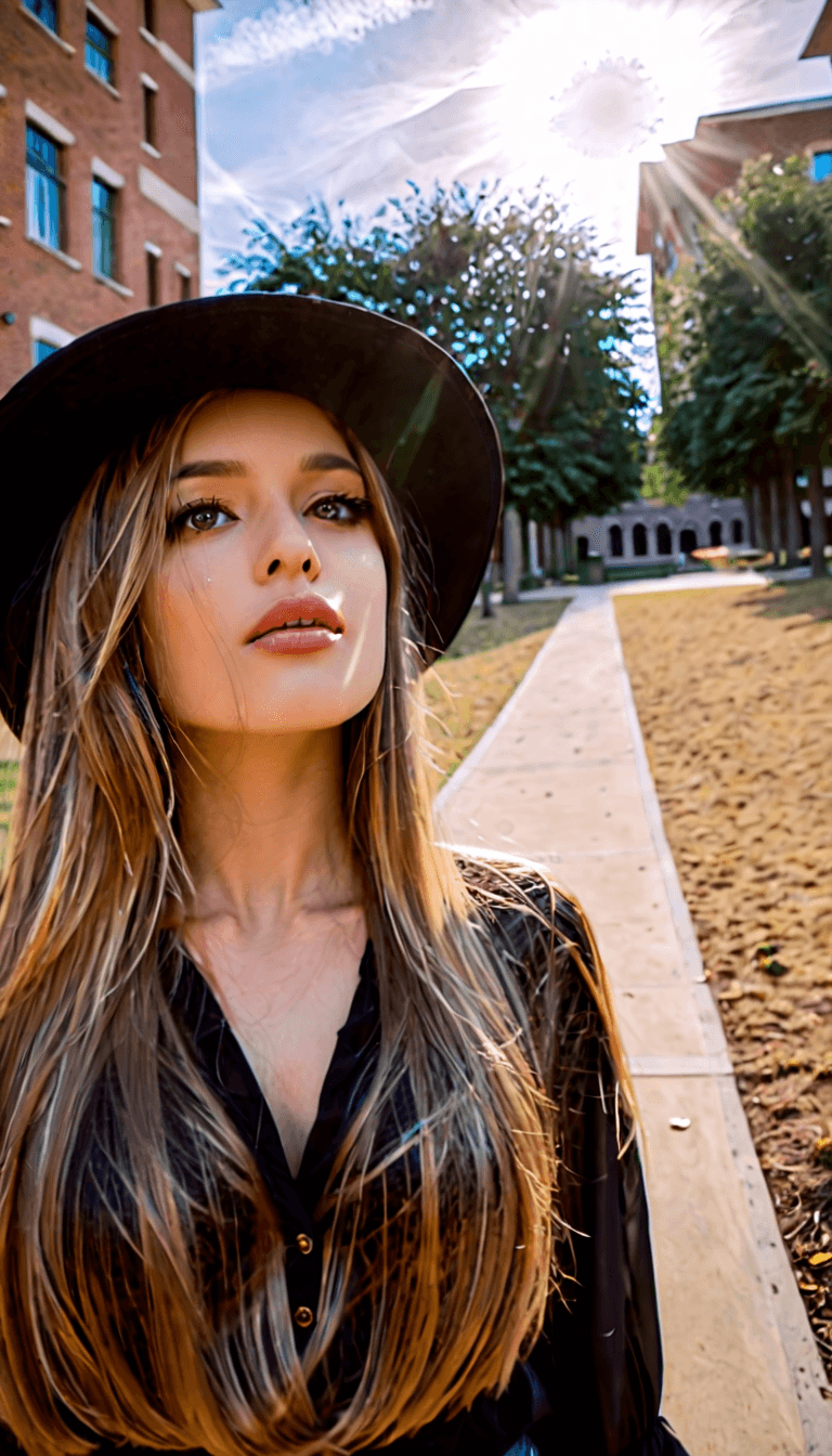 AI generated: woman, long bronze hair, full lips, light colored eyes, looking up at the sky, black low v-neckline ...