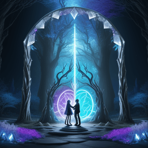 AI generated: an HD image of two people meeting at the edge of two different realms, standing on either side of a ...