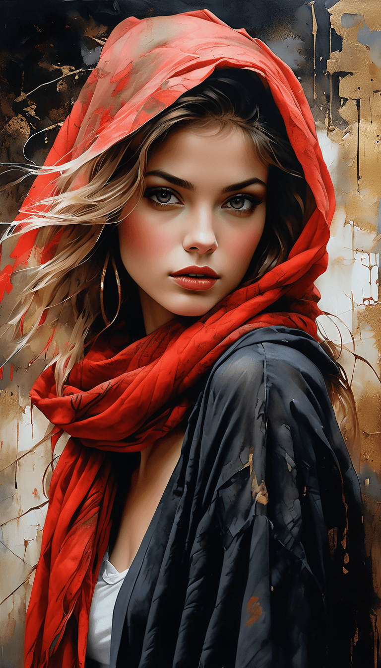 AI generated: breathtaking portrait of a gorgeous girl, sultry,  red scarf, dark gold and black, gossamer fabrics,...