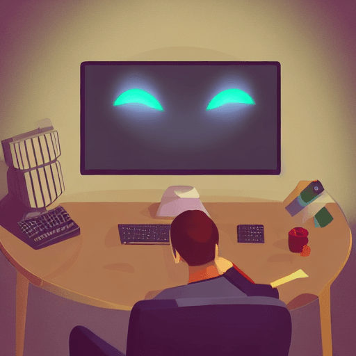 AI generated: cute, adorable, man at computer, editing programs flying around, photoshop and after effects, graphi...