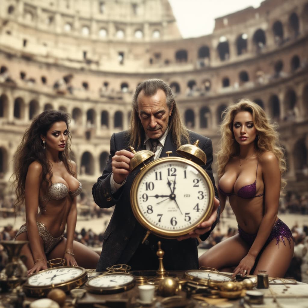AI generated: Salvador Dalí collecting deformed clocks in the colosseum. He is surrounded by Carmen Electra, Jenna...
