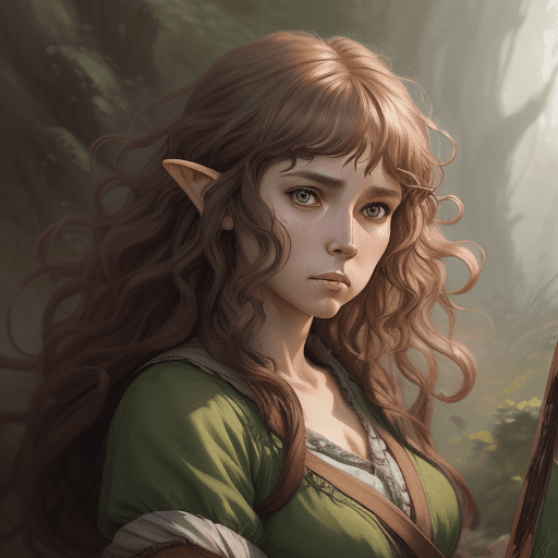 AI generated: A fantasy Anime style painting of female hobbit art character with curly brown messy hair, serious f...