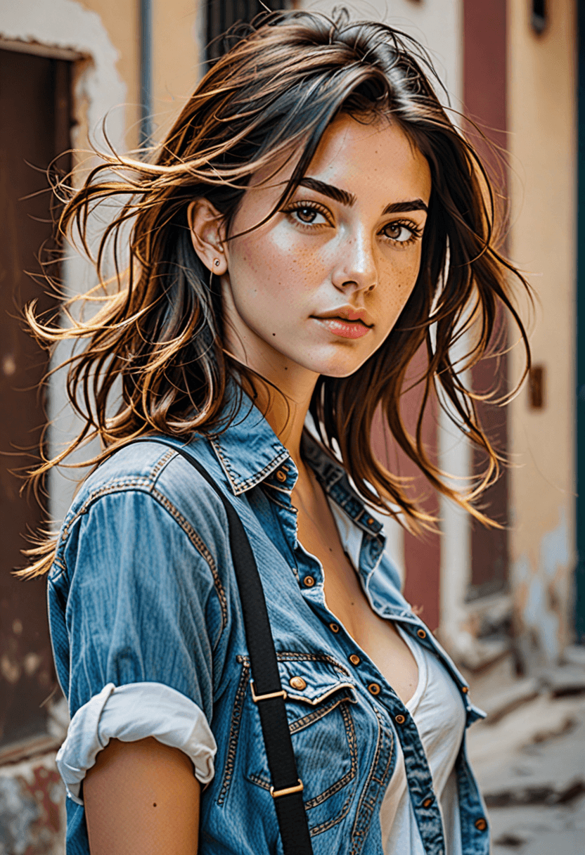 AI generated: The image features a beautiful young woman with long, curly hair, wearing a denim shirt and a white ...