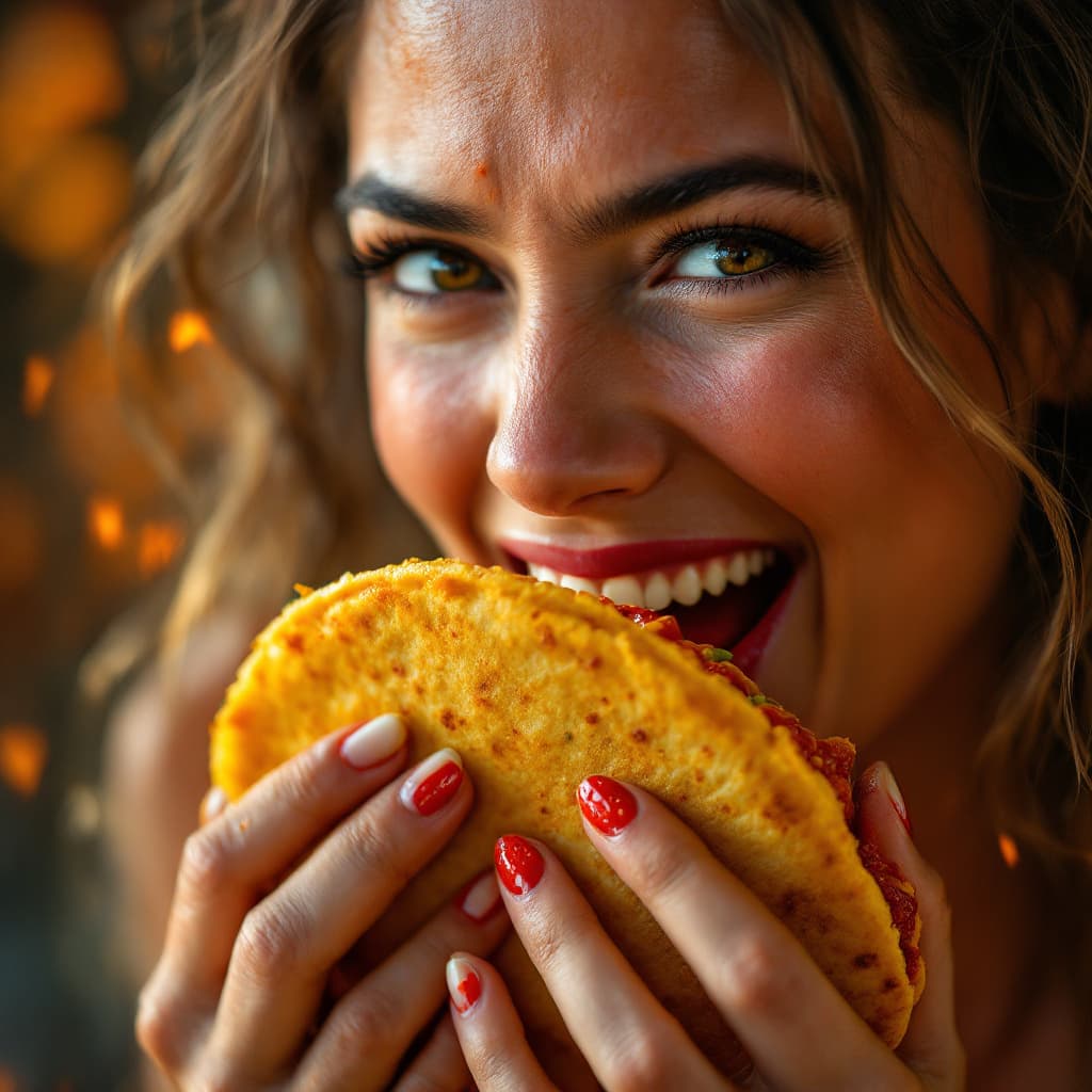 AI generated: A pretty girl chewing on a very spicy, hot and big taco with a extremely high Scoville count, it mak...