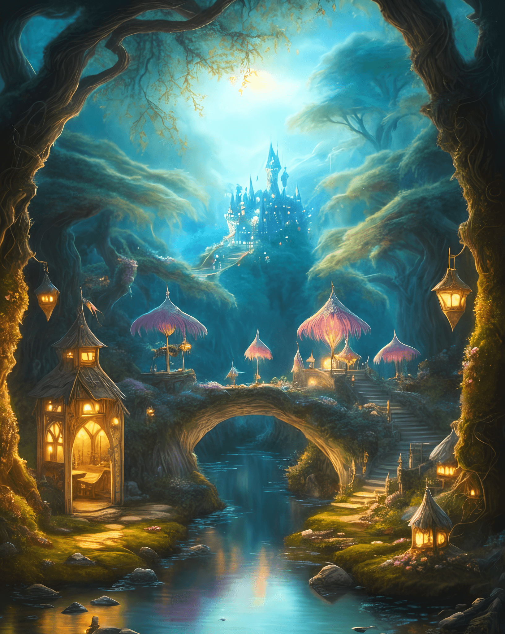 AI generated: a painting of a castle in the middle of a forest, fairyland bridge, enchanted magical fantasy forest...