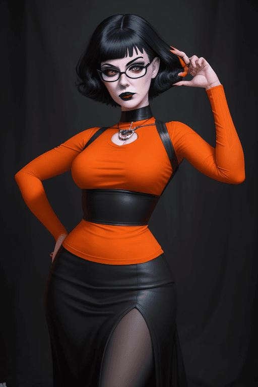 AI generated: goth girl astestic, velma from scooby-doo, a woman wearing eye glasses and an orange top, goth style...