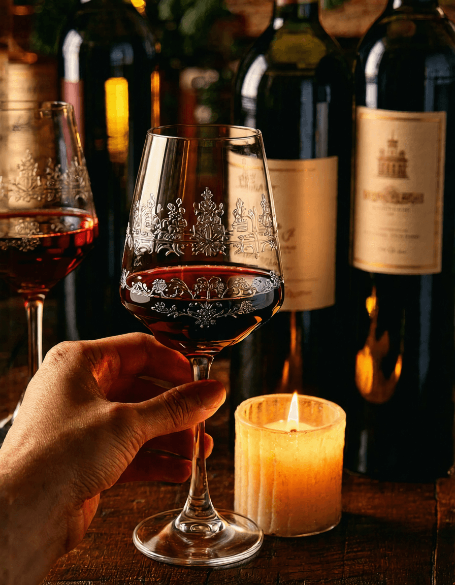 AI generated: The image depicts a close-up view of a wine glass filled with red wine, ((held by a hand)). The glas...