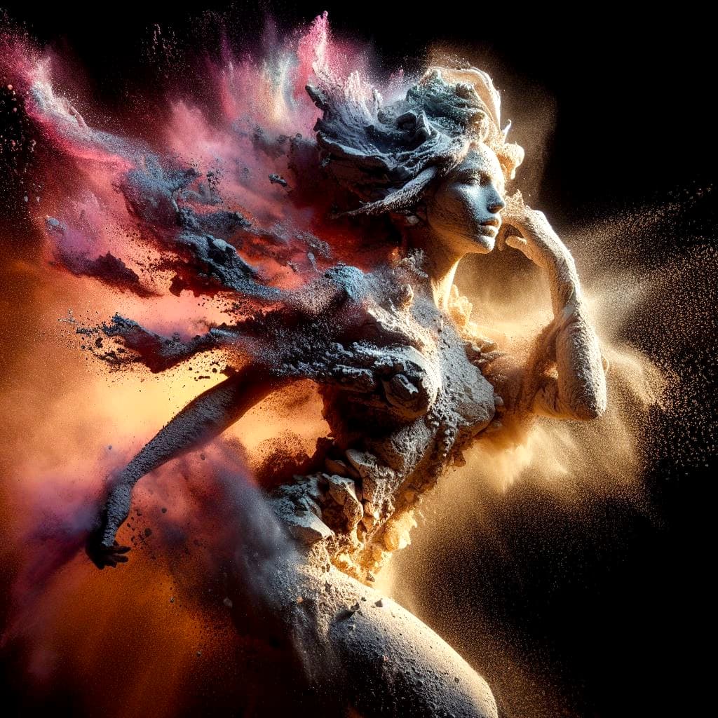 AI generated: she is a gorgeous woman-like being created out stone ((she is coming out from the ground), dust danc...