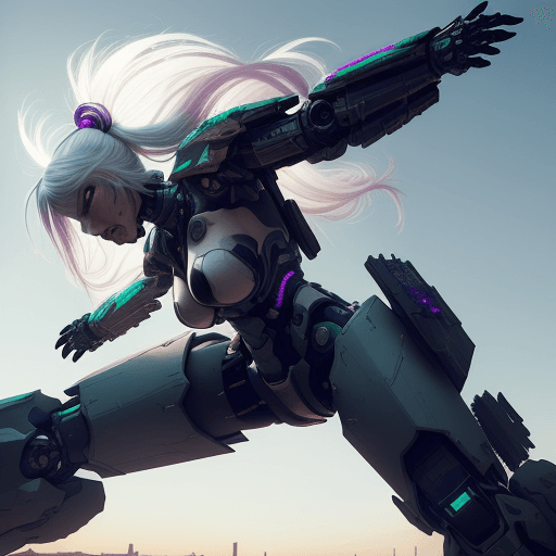 AI generated: urbanpunk, low angle shot, a pretty cyborg ninja with multicolor notched light cyberpunk armor, pret...
