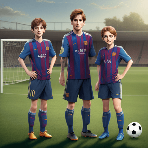 AI generated: young Leo Messi with parents two brothers and sister, Leo is playing soccer, realistic, pixar animat...