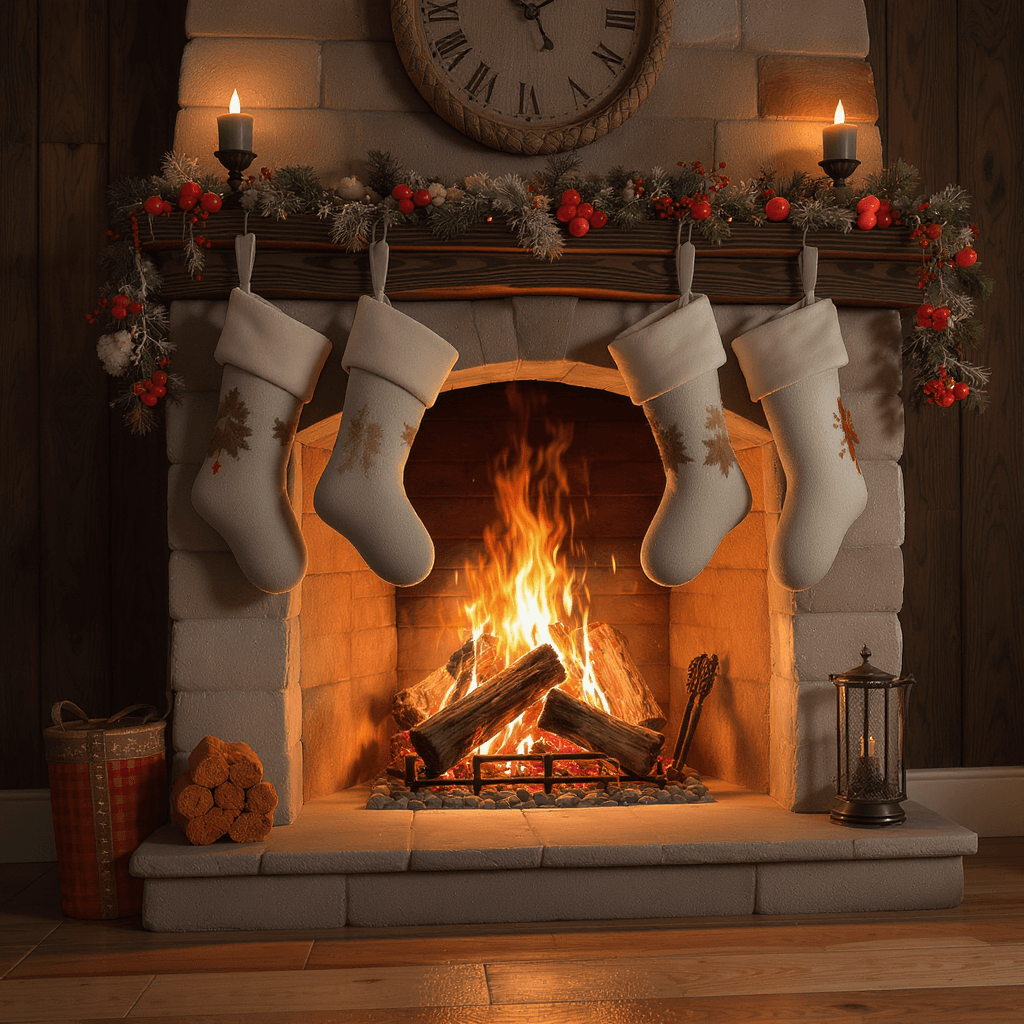 AI generated: 3D fireplace with stockings hanging, roaring fire inside