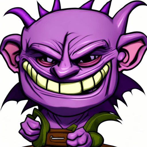 AI generated: Purple goblin in cartoon style, handcuffed and smiling
