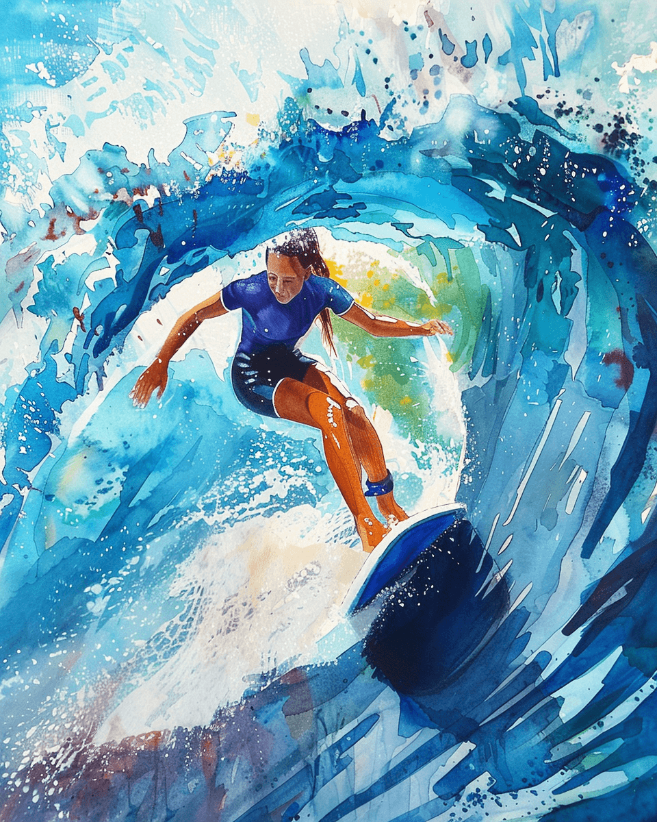 AI generated: vivid Watercolor closeup image features a woman riding a wave on a surfboard. She is skillfully navi...