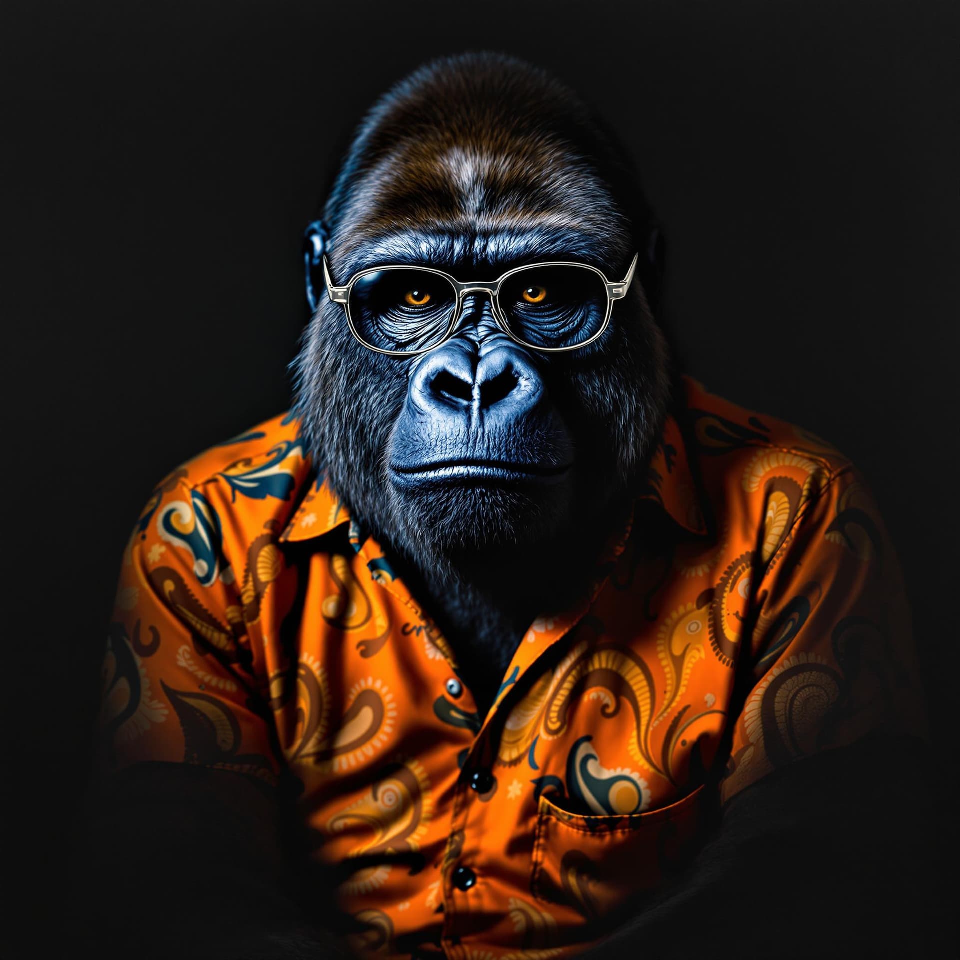 AI generated: The image features a striking and highly detailed portrayal of a gorilla donning human attire and ac...