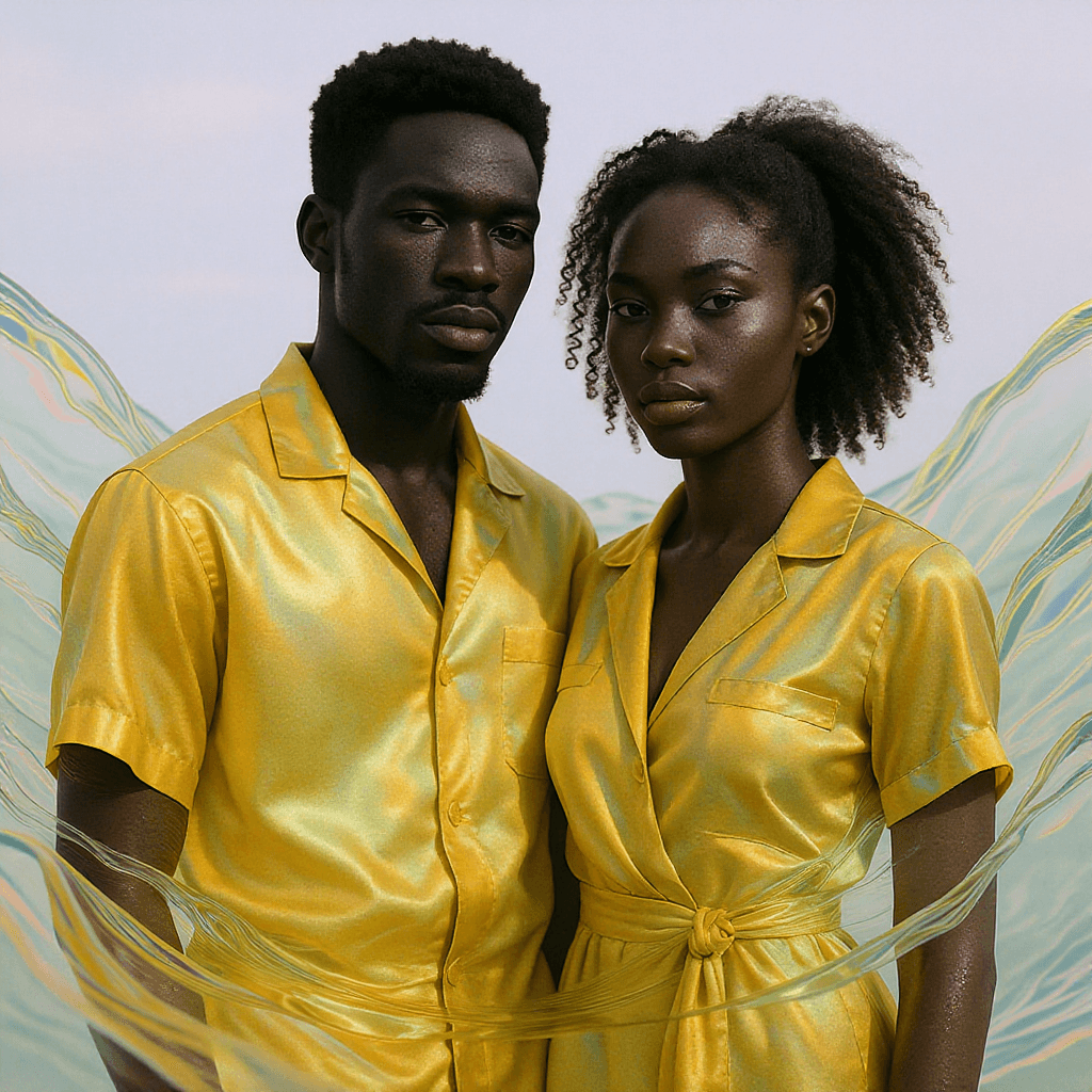 AI generated: An African American  couple in silk clothes with flowing water ripples, iridescent yellow, orange,  ...