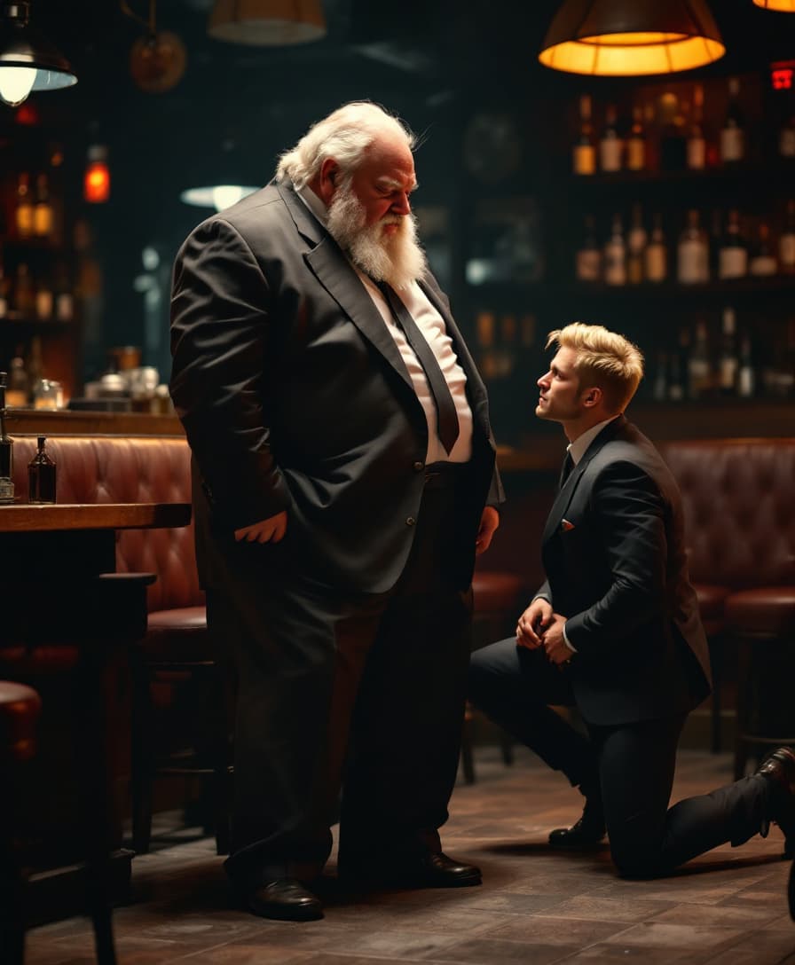 AI generated: high-resolution photo of a fat old man standing, wearing suit and tie,
an extremely muscular, handso...