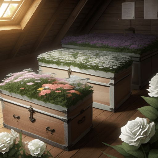 AI generated: Flower bed of paper flowers in a wooden attic
Dust on boxes and silver chests