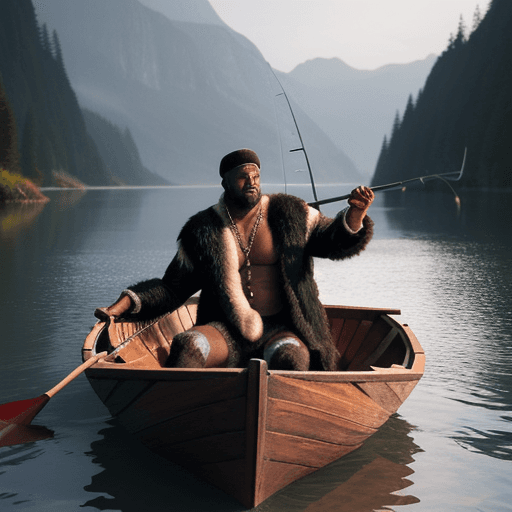 AI generated: Black man wearing wolf pelt inside a wooden boat fishing hyper-realistic image