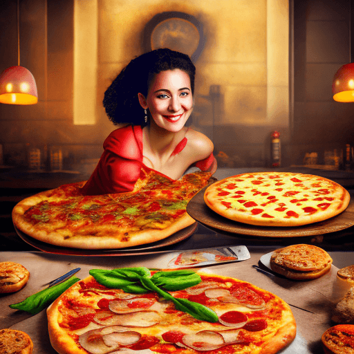 AI generated: Cuisine, A smiling woman wears a dress made of pizza as she lays on a table, rich deep colors, intri...