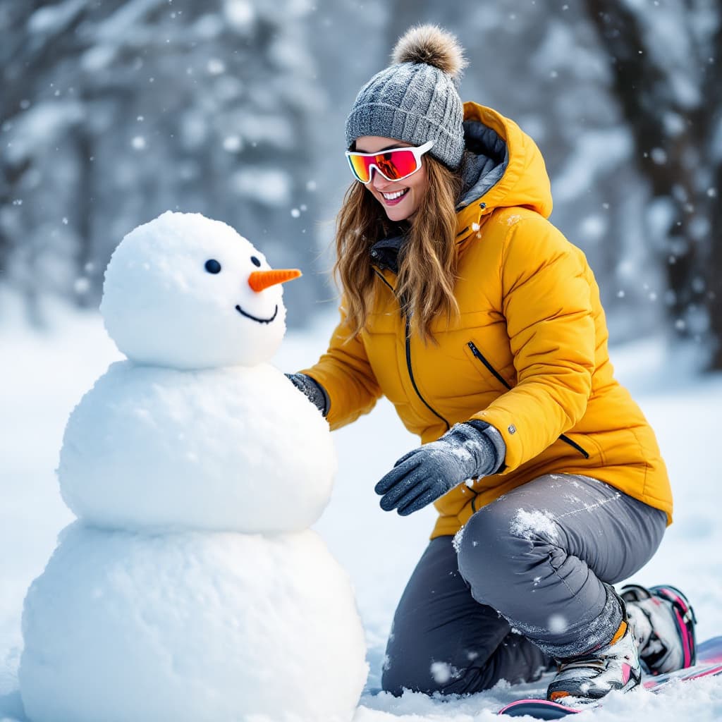AI generated: winter, snowing,Winter scene with a woman in a yellow insulated jacket and snow pants, gray gloves, ...