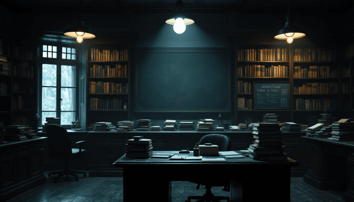 AI generated: create a background of a empty Victorian Police station, make it dimly lit and atmospheric, bookshel...