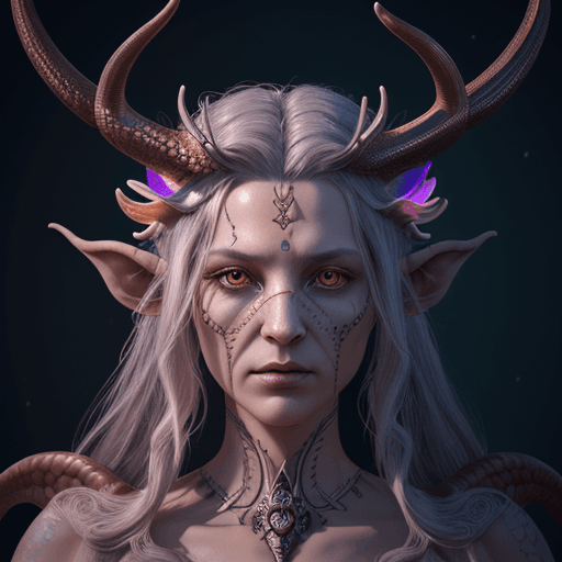 AI generated: Goddess close-up portrait ribcagel. Tiefling phoenix head, antlers, gunslinger, nautilus, orchid, sk...