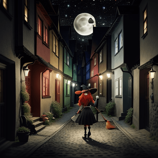 AI generated: A little red-haired witch wearing a witchhat and holding a broom stick in her left hand is walking a...