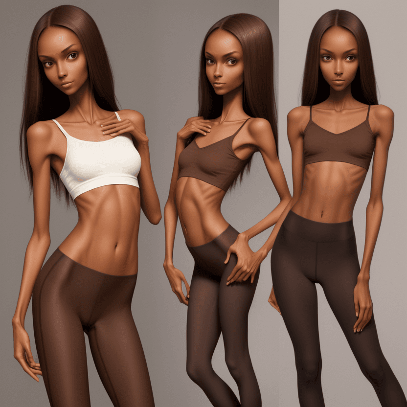 AI generated: extreme beautiful skinny brown skinned  slender face of skinny (almost anorexic) girl without a bra ...