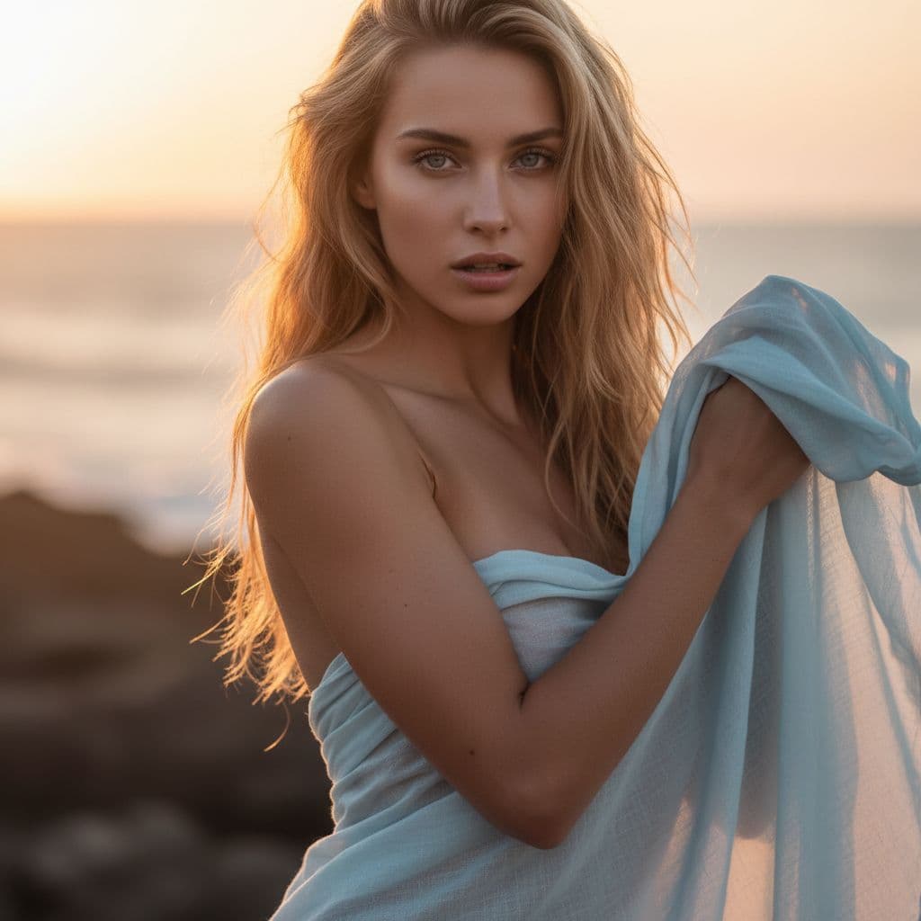 AI generated: create a 4k high qulaity image of a gorgeous girl around age 25 with a very this cotton cloth and se...