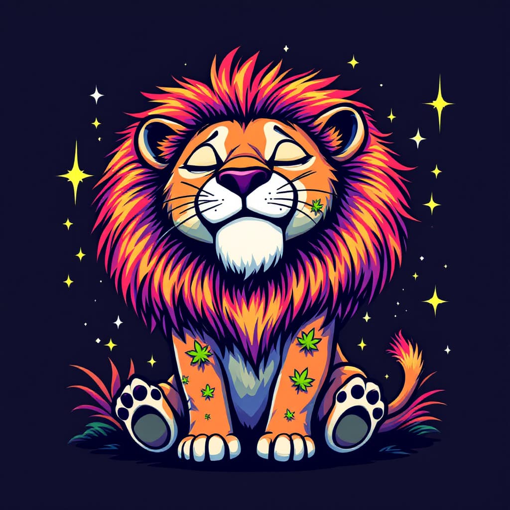 AI generated: relax,cute chibi dizzy, spaced out, Lioness relaxed serene Positive vibes, street graffiti, goofy gr...