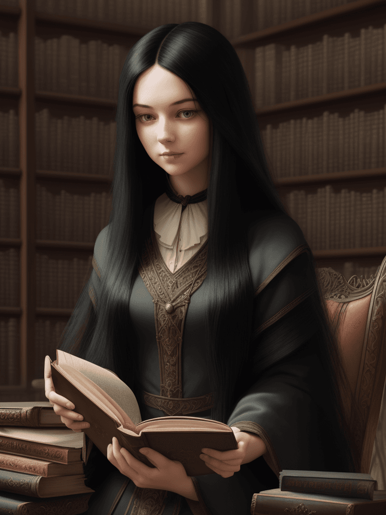 AI generated: woman with black long hair reading <book of answers>amidst a library filled with antique books. The ...