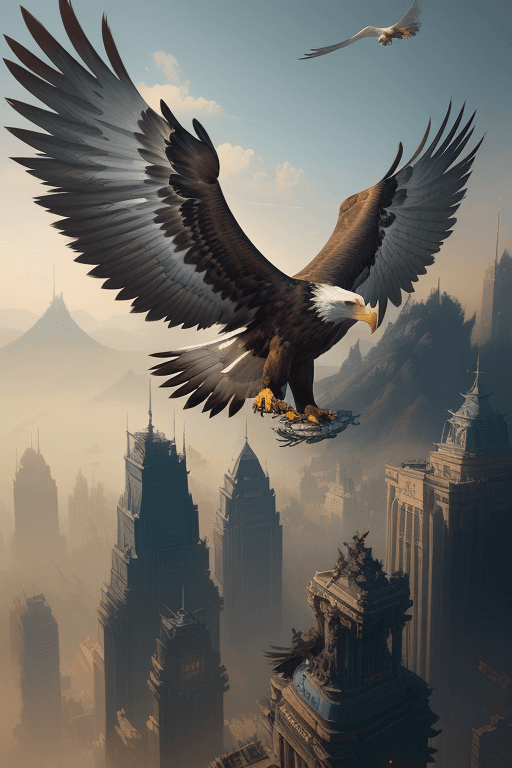 AI generated: eagle flying up on the city, two wings,  extremely detailed digital painting, in the style of fenghu...