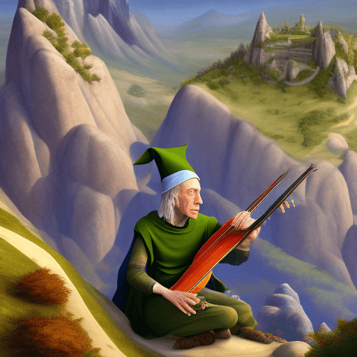 AI generated: wise elf playing lute on a mountain, Dungeons and Dragons, artistic, beautiful nature, cinematic, Vl...