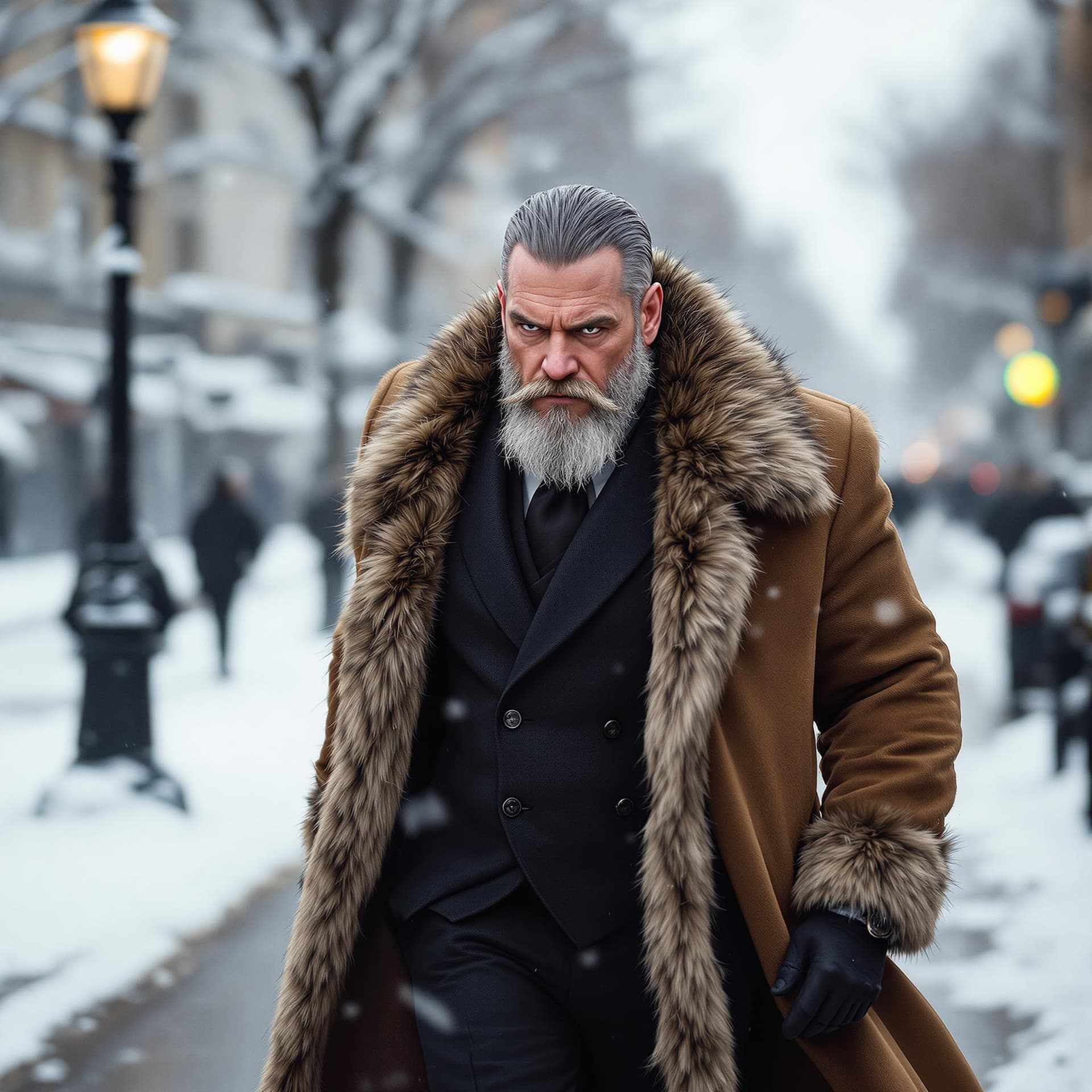 AI generated: Rich strong man without beard or mustache, dressed in an expensive suit with fur, walking down the s...
