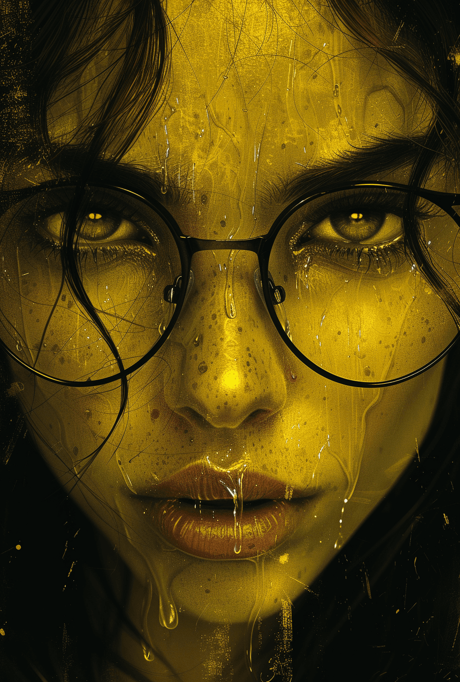 AI generated: a picture of a woman in glasses, with water in her eyes and on her face, in the style of photorealis...