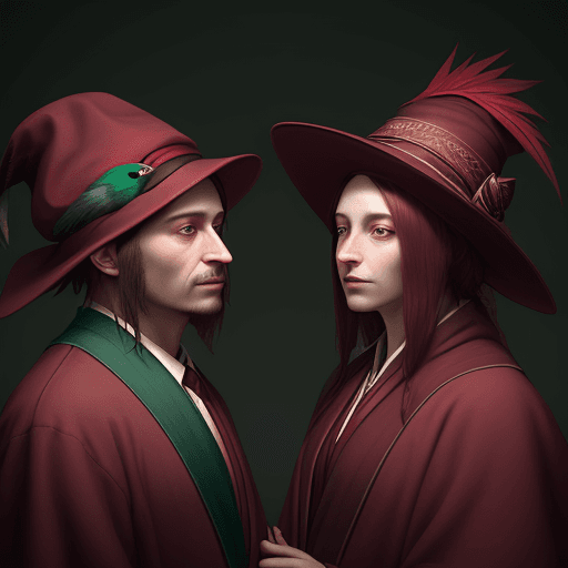 AI generated:  a picture of two people, wearing cloth hats and robes, in the style of realistic animal portraits, ...