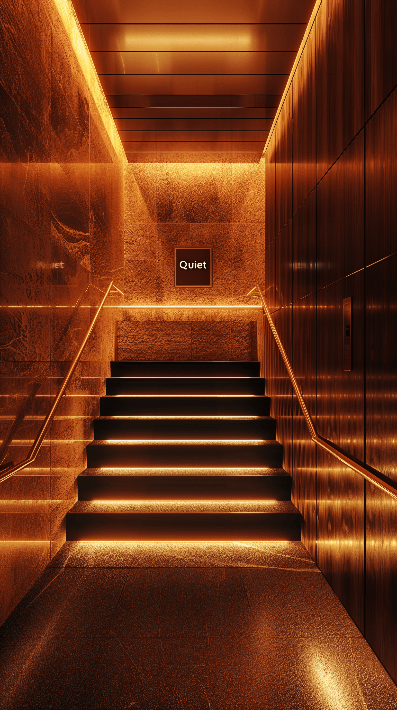 AI generated: photorealistic, atmospheric interior scene, focus is a stairwell bathed in warm, golden light that c...