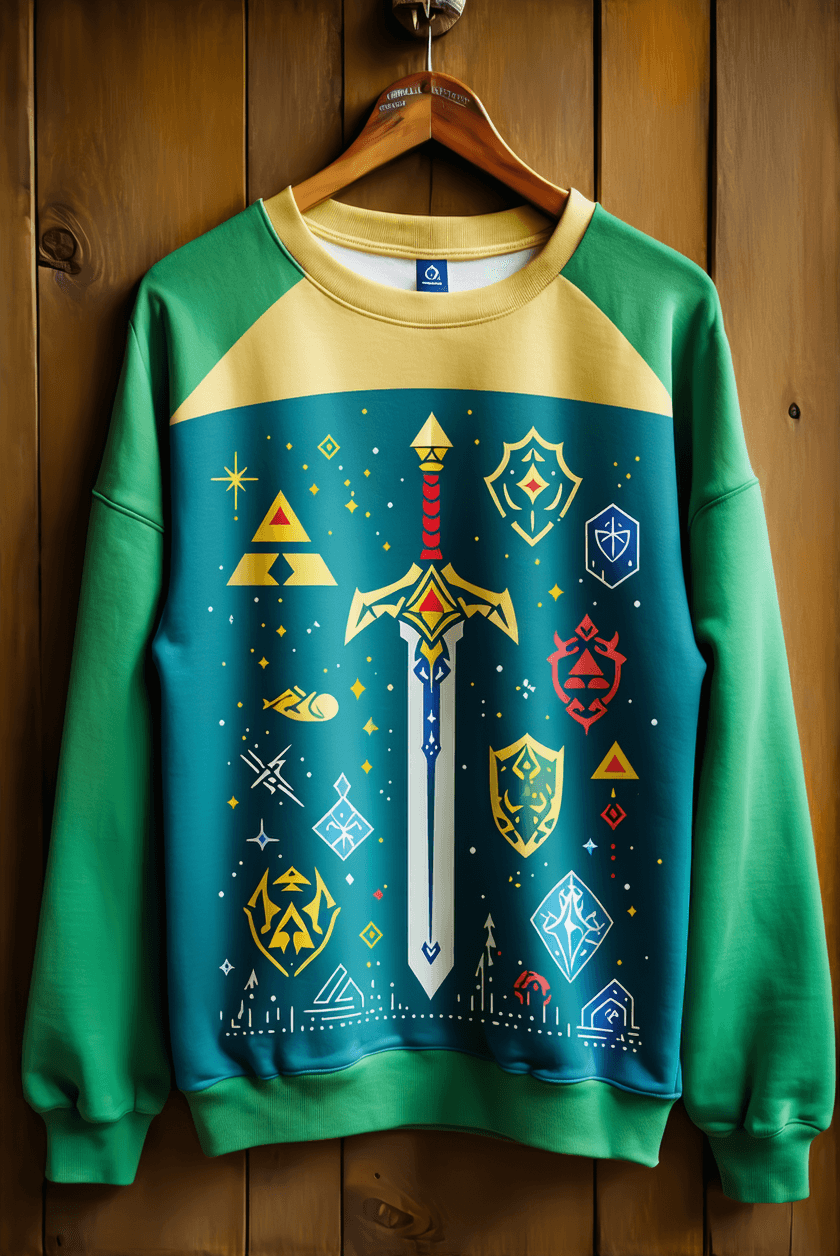 AI generated: Quero um mockup de um moletom com estampas frente e verso no tema zelda. Na frente, temos um bordado...
