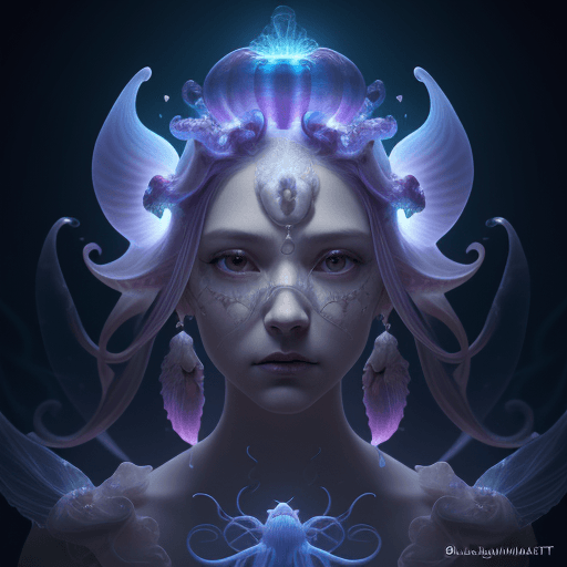 AI generated: Goddess close-up portrait ribcagel. jellyfish phoenix head, nautilus, orchid, skull, betta fish, bio...