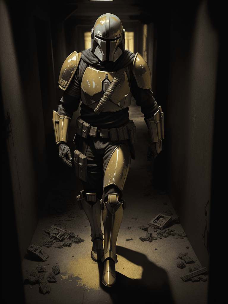 AI generated: A haunting scene of a mandalorian with a golden armor| golden armor(red glowing eyes:1.2)| Staggerin...