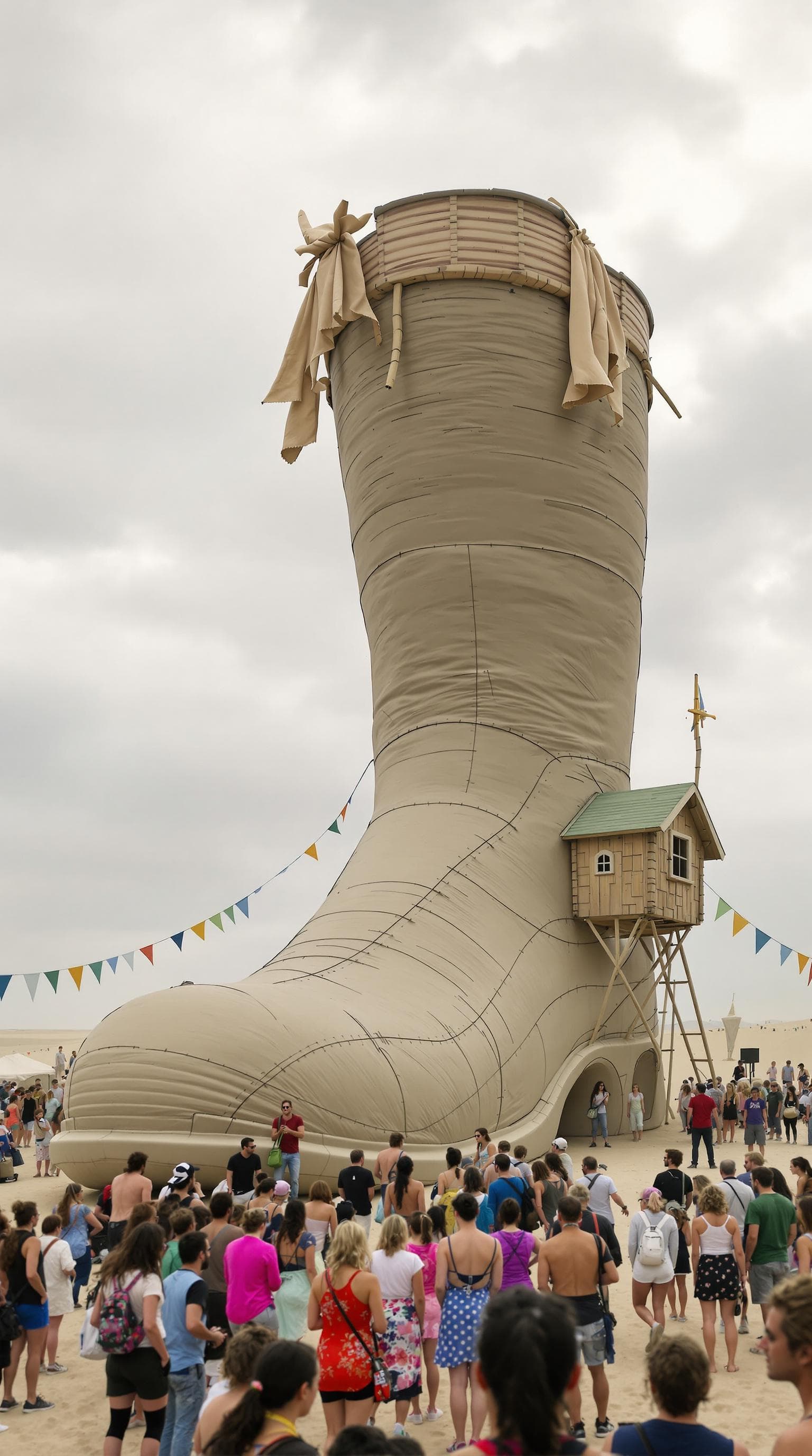 AI generated: A large, whimsical structure shaped like a giant boot, complete with a small wooden house attached t...
