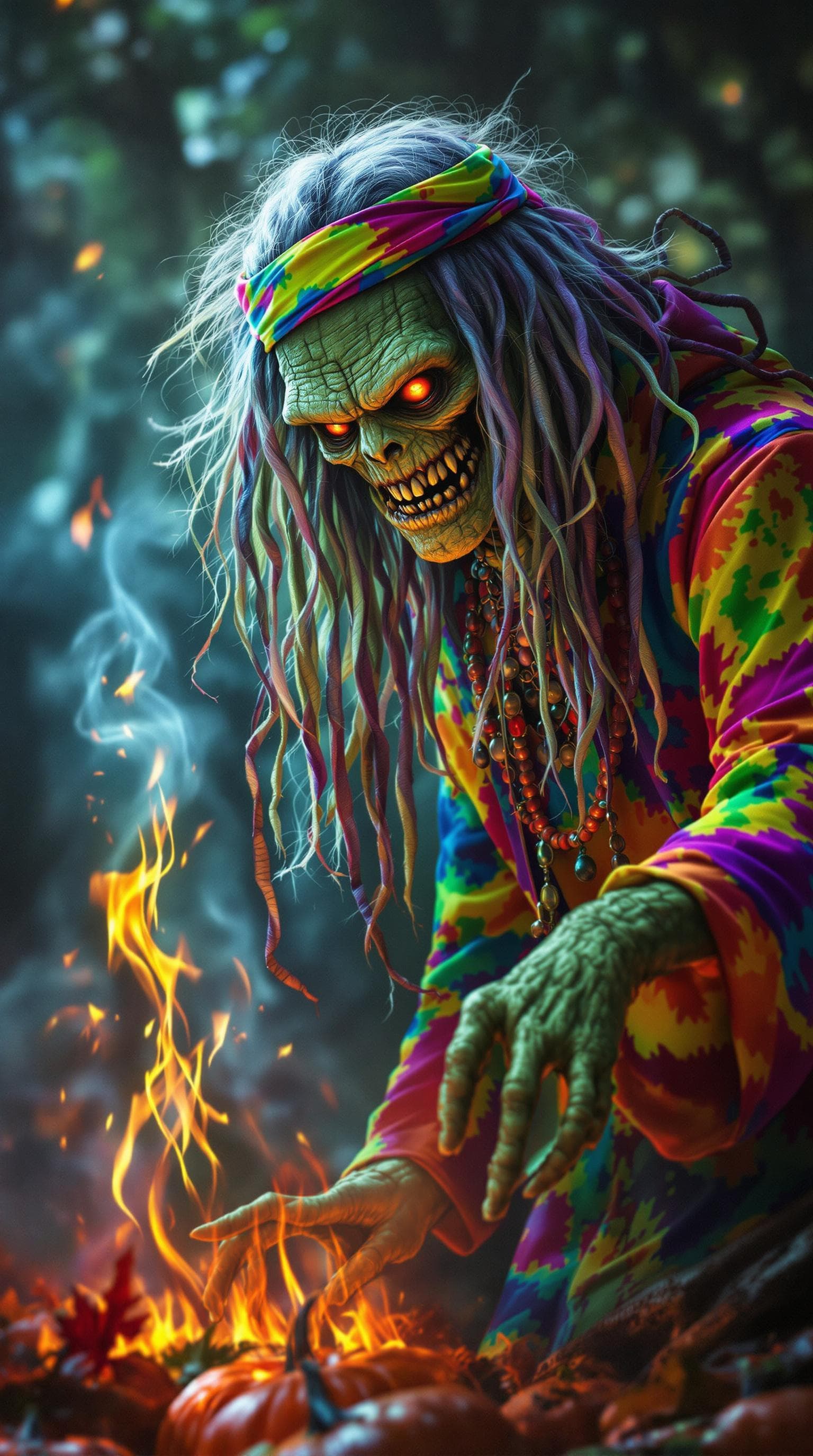 AI generated: Frankenstien's monster going trick-or-treating dressed as a 1960's hippie in rainbow tie-dyed clothi...
