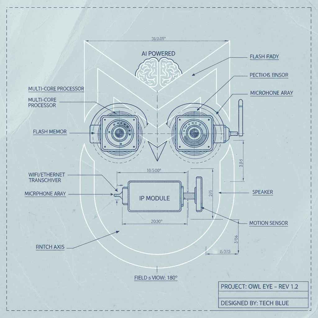 AI generated: Simple but technical close up of a blue print (without label) describing a brainy AI powered owl (wi...