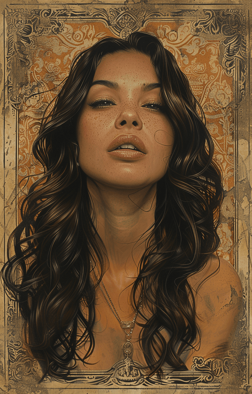 AI generated: an old framed portrait of a woman with long hair, in the style of noir comic art, hyper-detailed ill...